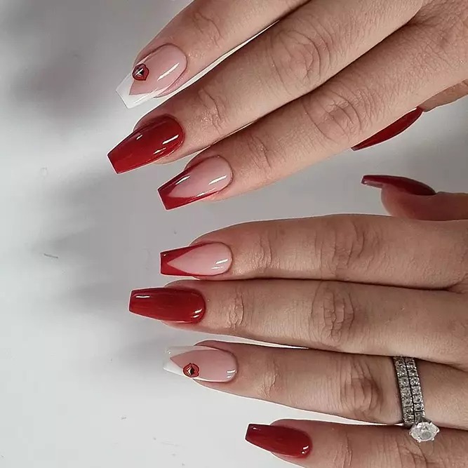 coffin red nails with glitter 