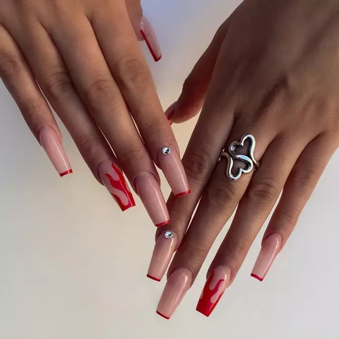 coffin red nails with glitter 