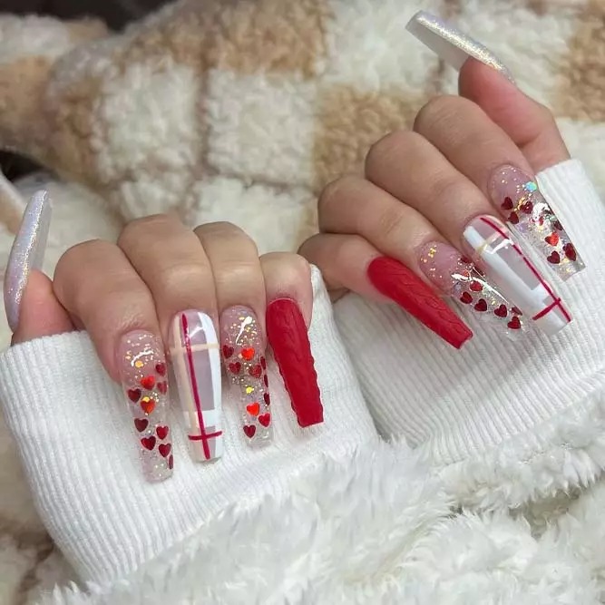 coffin red nails with glitter 