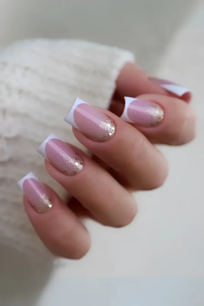 French manicure with glitter and gems for a princess effect