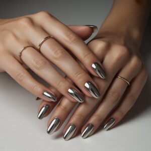 Close-up of mirror chrome nail design showing reflective metallic finish and high-gloss effect