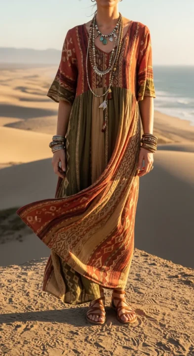 Boho Maxi Dress with Layered Jewelry Summer Outfits 2026
