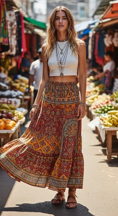 Boho Skirt with Cropped Tank Top Summer Outfits 2026 for Vacation