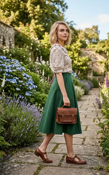 Cottagecore Floral Blouse With A-Line Skirt spring outfits 2026 