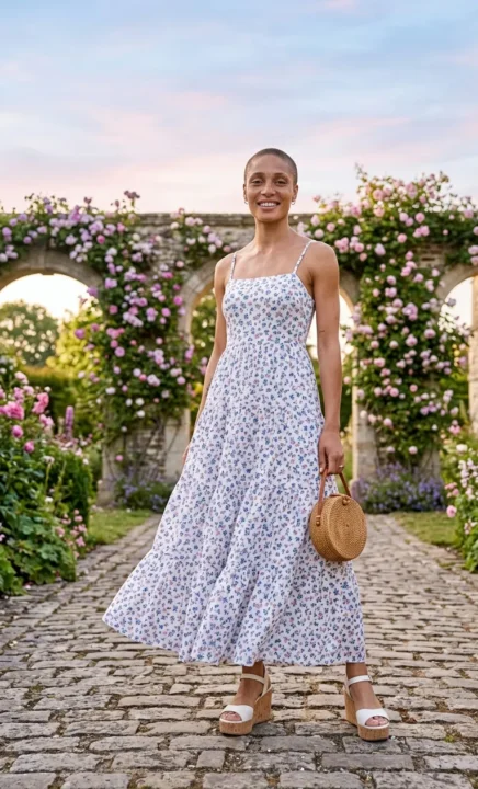 Dainty Floral Maxi Dress With Platform Sandals spring outfits 2026 