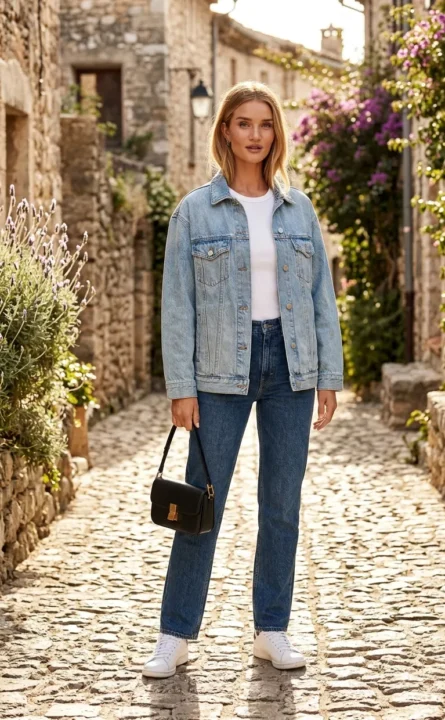 Denim-on-Denim With White Sneakers spring outfits 2026 