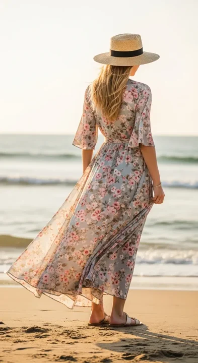 Flowy Floral Maxi Dress with Straw Hat Summer Outfits 2026 for Vacation
