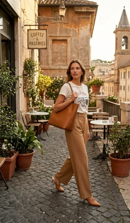 GRAPHIC TEE WITH TAILORED TROUSERS AND MULES Summer travel Outfits