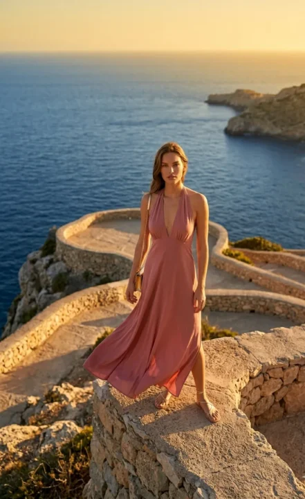 Halter Neck Dress With Flat Strappy Sandals Summer travel outfits 