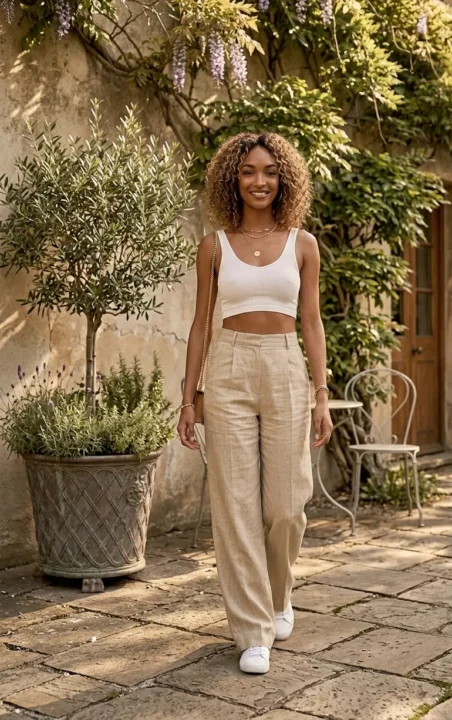 Linen Wide-Leg Trousers With a Fitted Crop Top spring outfits 2026 