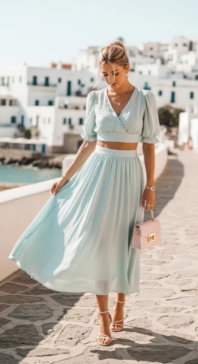 Matching Co-Ord Skirt Set in Soft Pastels Summer Outfits 2026 for Vacation