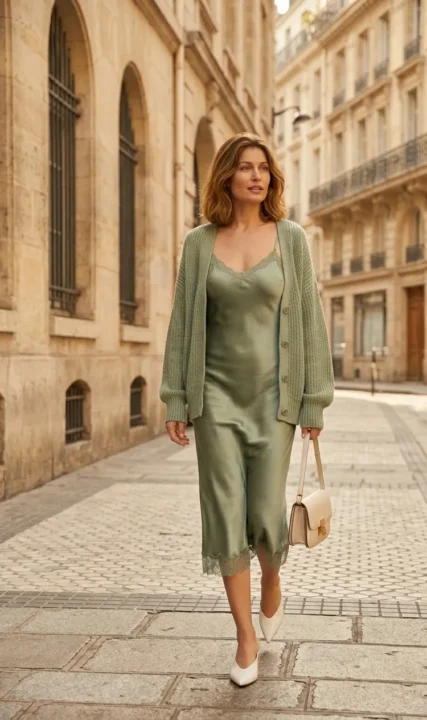 MIDI SLIP DRESS WITH A LIGHTWEIGHT CARDIGAN Summer outfits 2026