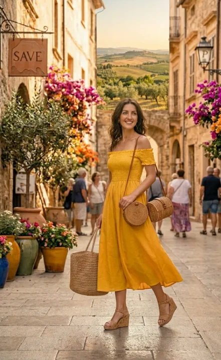 OFF-SHOULDER DRESS WITH WICKER BAG AND WEDGES Summer Outfits 