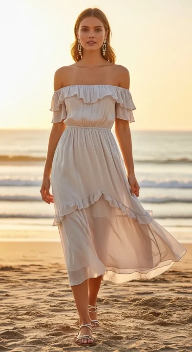Off-Shoulder Ruffle Midi Dress Summer Outfits 2026 for Vacation