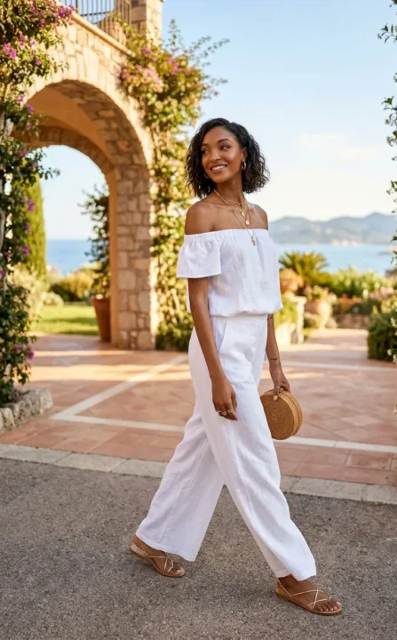 Off-Shoulder Top With Flowy Palazzo Pants spring outfits 2026 