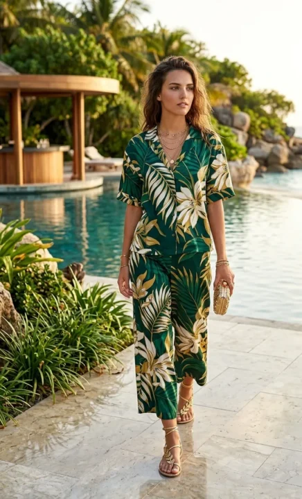 PRINTED CO-ORD SET WITH GOLD ACCESSORIES Summer travel outfits 