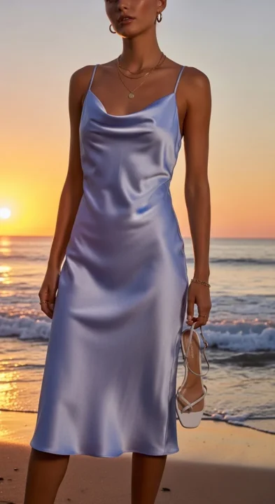 Satin Slip Dress with Minimal Jewelry Summer Outfits 2026 for Vacation
