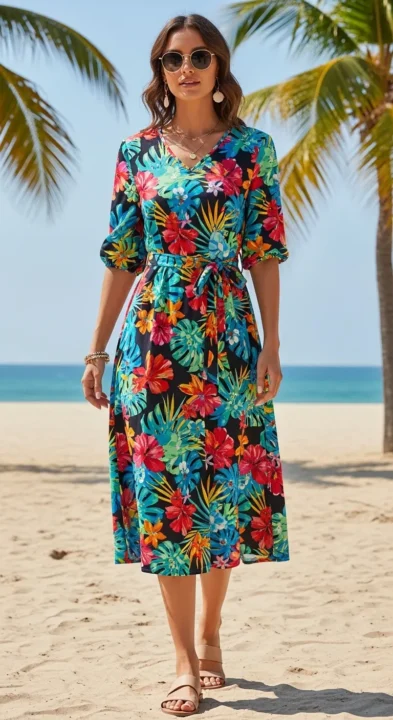 TROPICAL PRINT MIDI DRESS WITH BELT Summer Outfits 2026 for Vacation