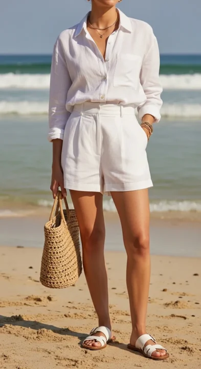 White Linen Co-Ord Set with Minimal Sandals  Summer Outfits 2026 for Vacation