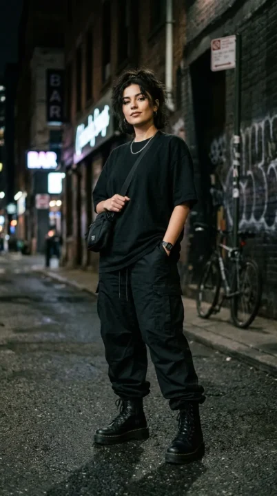 outfit ideas women baggy all black oversized outfit streetwear aesthetic bold casual look