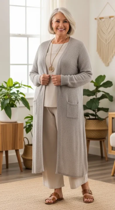 Boho outfit ideas for plus size women over 50 featuring an ankle-length cardigan layered over a simple outfit.