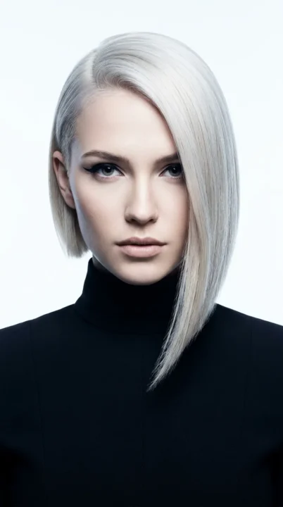 A woman with a bold asymmetrical haircut showing a dramatic length difference between both sides, one of the most striking and fashion-forward haircut trends for 2026, photographed in sleek platinum blonde under cool studio lighting.