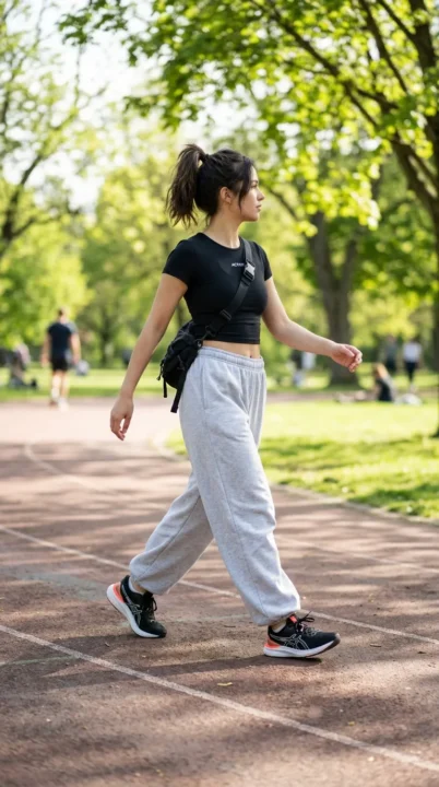 outfit ideas women baggy athleisure joggers sporty casual outfit comfortable everyday wear
