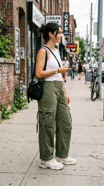 outfit ideas women baggy cargo pants green streetwear outfit relaxed utility style look