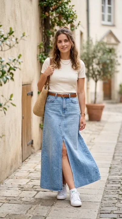 outfit ideas women baggy denim skirt long loose fit casual feminine outfit style
