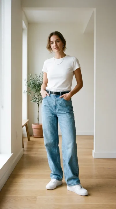 outfit ideas women baggy minimal style light wash jeans with simple top clean outfit