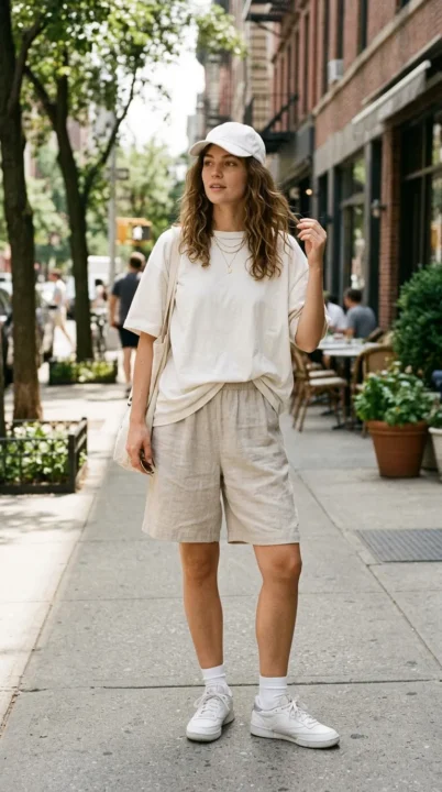 outfit ideas women baggy summer shorts oversized t shirt casual breathable outfit