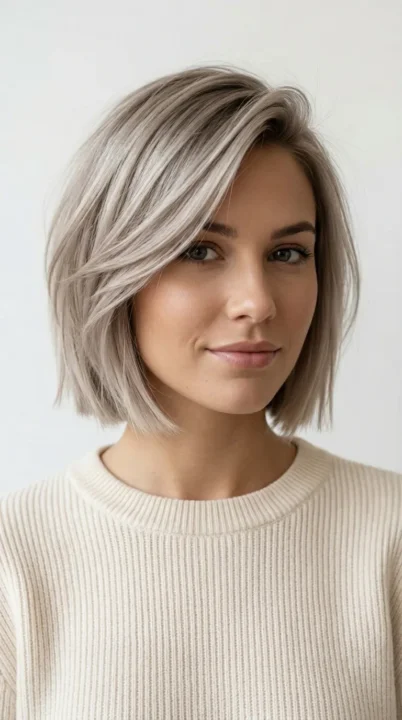 A woman with a sleek bixie cut sitting just below the jaw, combining pixie and bob elements into one of the most stylish short haircut trends for 2026, photographed in cool ash blonde under soft natural daylight.