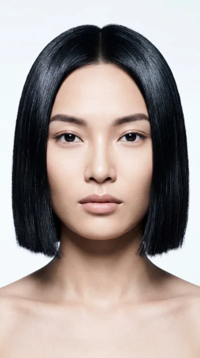 A woman with a sharp blunt bob cut precisely at jaw level with zero layering and a high-gloss finish, one of the most bold and architectural haircut trends for 2026, photographed in jet black hair under cool studio lighting.