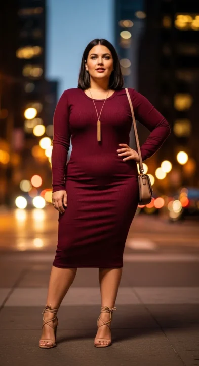 Plus size woman wearing deep burgundy ribbed midi bodycon dress with heeled sandals — curvy women summer bodycon dress outfit