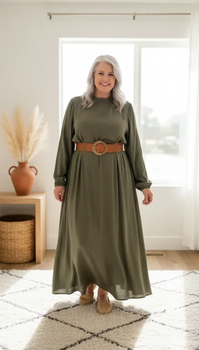 Boho outfit ideas for plus size women over 50 using a belt to define the waist on loose outfits.
