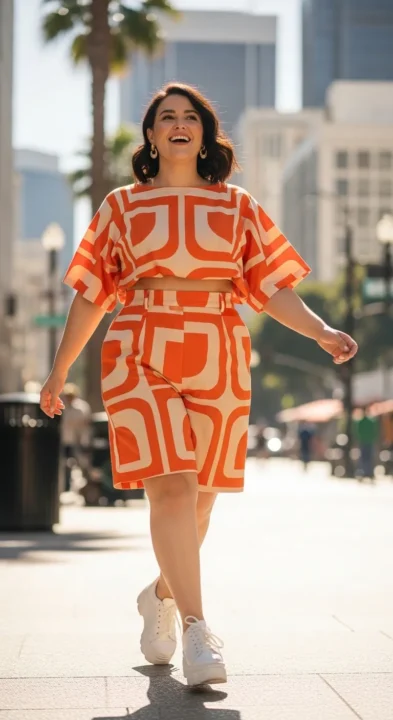 Plus size woman in bold printed co-ord shorts set with chunky sneakers — curvy women summer matching shorts set outfit