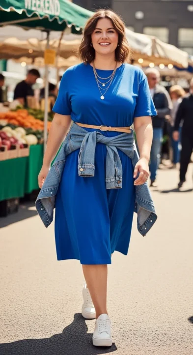 Plus size woman elevating a cobalt blue midi t-shirt dress with belt and platform sneakers — curvy women casual summer dress outfit