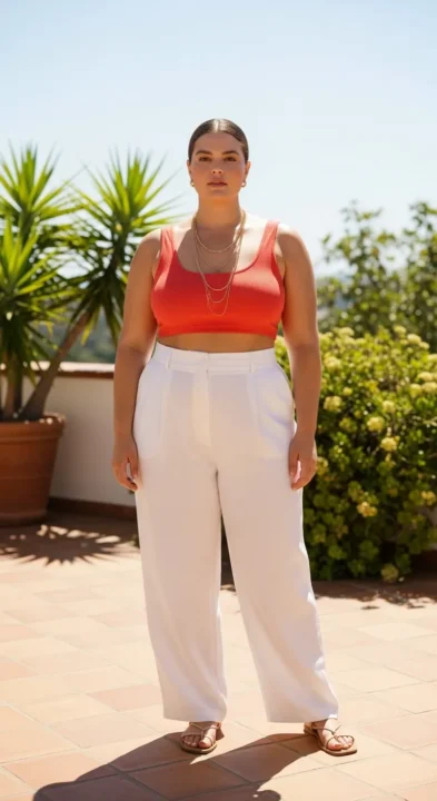 Plus size woman wearing coral crop top with high-waist wide-leg linen pants — curvy women summer crop top outfit idea