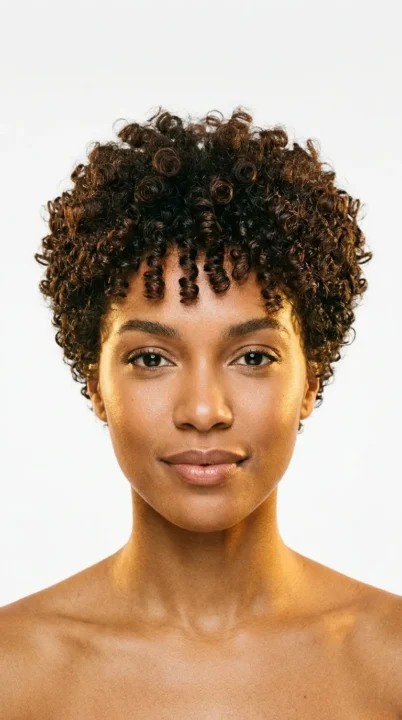 A woman with a defined curly pixie cut celebrating natural curl texture with a shaped voluminous crown, one of the most empowering and liberating haircut trends for 2026, photographed in rich dark brown hair under warm golden studio lighting.