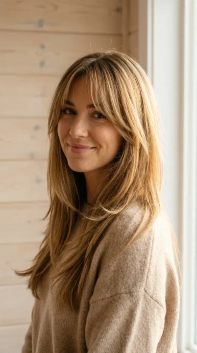 A woman with long layered hair and soft curtain bangs parted naturally in the center, one of the most requested and flattering haircut trends for 2026, captured in warm honey blonde tones under golden window light.