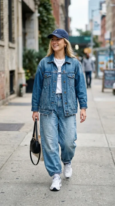 outfit ideas women baggy denim on denim oversized jacket with baggy jeans street style outfit