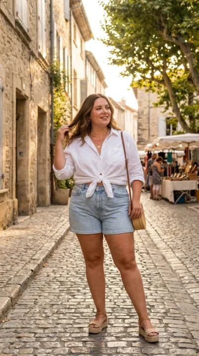 Plus size woman styling high-rise denim shorts with tied linen shirt and espadrilles — curvy women summer denim shorts outfit
