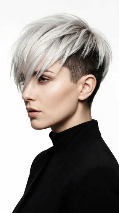 A woman with a disconnected undercut showing longer top layers falling over a closely shaved underneath section, one of the most edgy and versatile haircut trends for 2026, captured in platinum and dark contrast tones under sharp studio lighting.