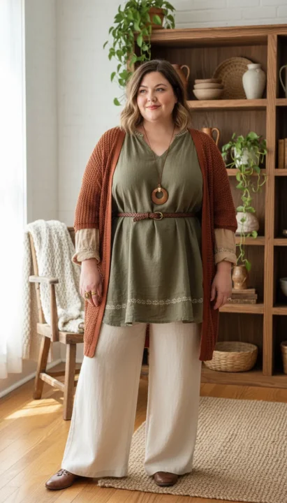 Boho outfit ideas for plus size women over 50 using earthy tones like beige, olive, and rust.