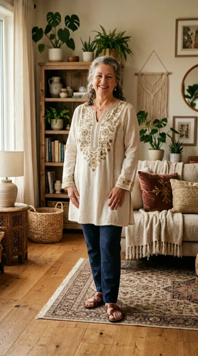 Boho outfit ideas for plus size women over 50 with an embroidered tunic top in a relaxed fit.