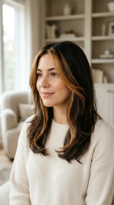 A woman with medium-length hair featuring bold face-framing highlight pieces in honey and caramel tones over a dark brunette base, one of the most brightening and flattering haircut trends for 2026, photographed in soft natural daylight.