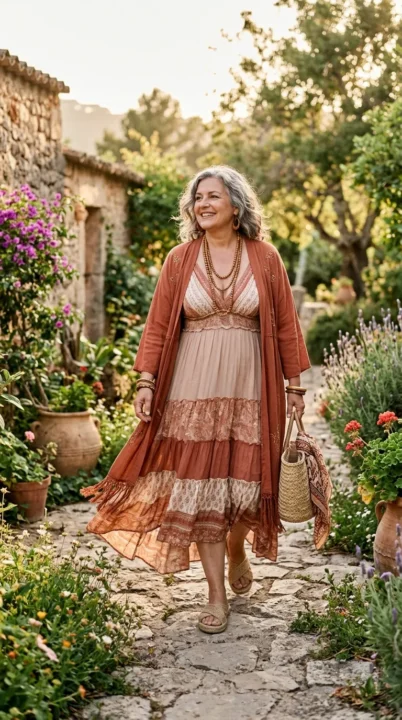 Boho outfit ideas for plus size women over 50 featuring a layered flowy maxi dress with soft, breathable fabric.