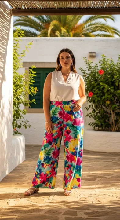 Plus size woman in flowy palazzo pants and tucked sleeveless blouse — plus size summer palazzo pants outfit