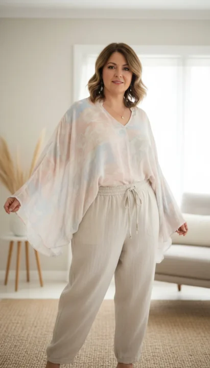 Boho outfit ideas for plus size women over 50 highlighting tops with flowy sleeves and soft silhouettes.