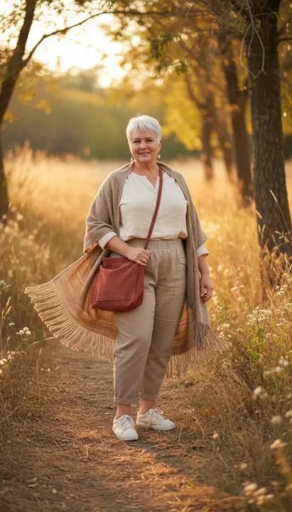 Boho outfit ideas for plus size women over 50 incorporating fringe accents for added movement.